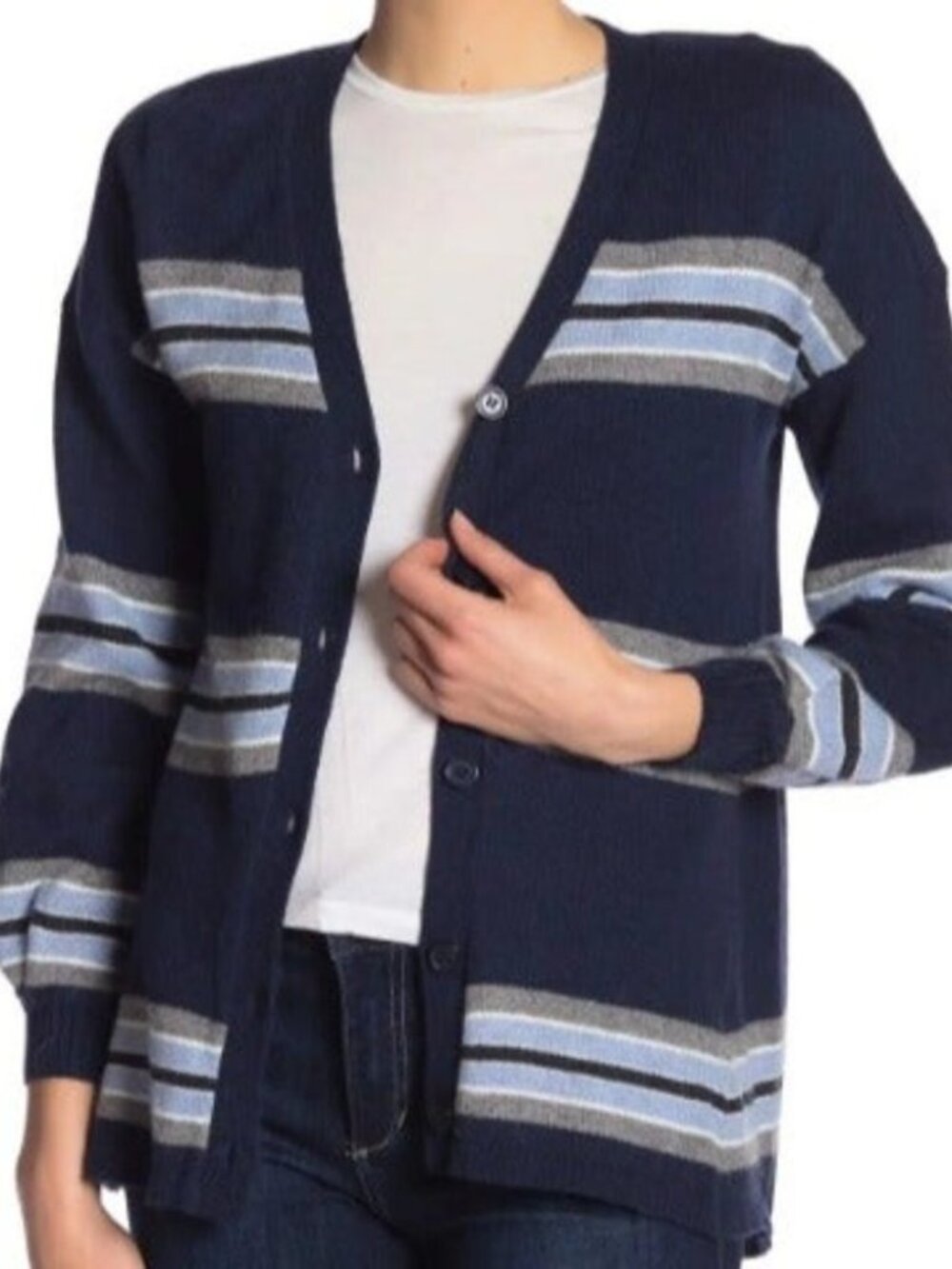 DEMOCRACY Girlfriend Cardigan Women’s S Navy Blue Striped Button Front Sweater